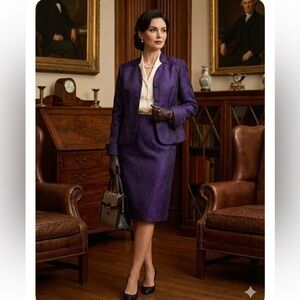 Le Suit Purple Black Paisley Jacquard Skirt Suit Set Size 16 Collarless Blazer